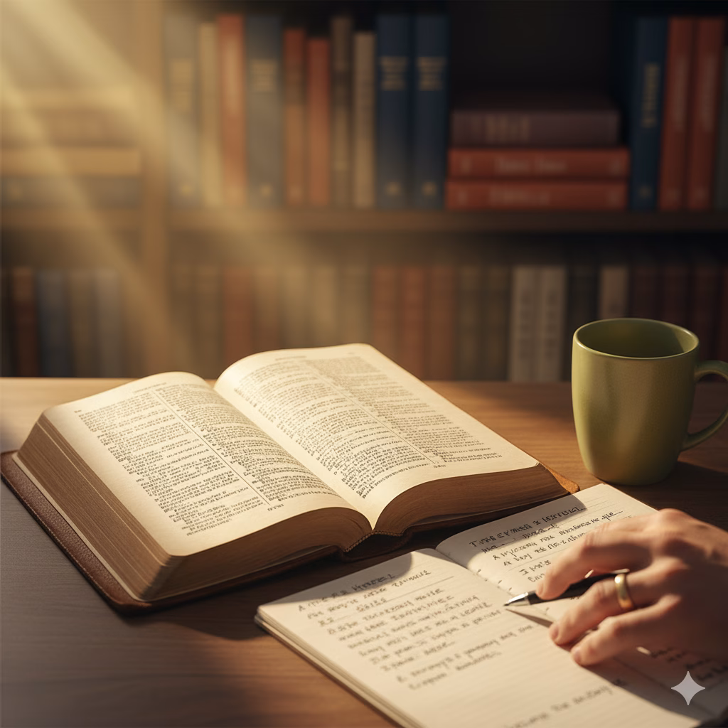Close-up of the author's desk with an open Greek Bible and handwritten study notes, illuminated by a ray of sunlight. The image symbolizes personal engagement and divine guidance in the translation process for The Greek Bible Project.