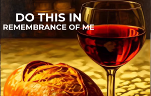 A dramatic, Rembrandt-inspired oil painting of a golden-crusted loaf of bread and a glass of deep red wine resting on a softly lit, textured tablecloth. Rich chiaroscuro lighting casts warm highlights and deep shadows, evoking reverence and symbolism of the Eucharist.
