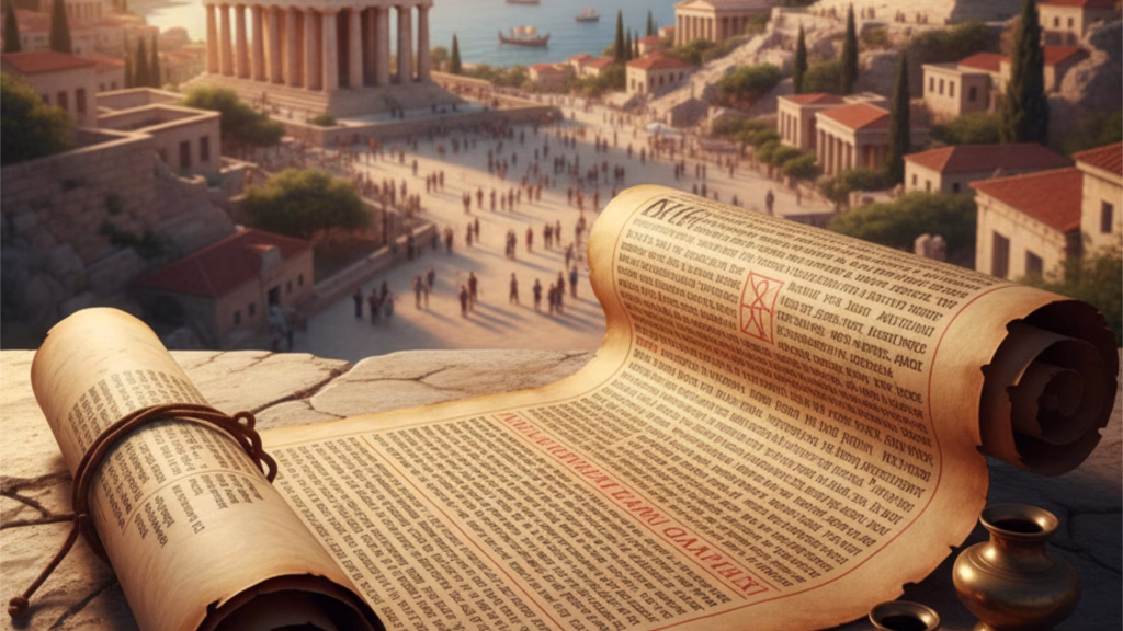 A wide, atmospheric shot featuring a partially unfurled, aged parchment scroll with large Greek uncial script, resting on a stone or marble surface. In the hazy background, the sunlit silhouette of an ancient Greek city with classical columns and architecture is visible, connecting the text to its historical context in Alexandria or the Hellenistic world.
