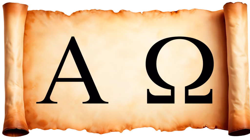 A close-up view of a darkened, aged parchment scroll featuring the bold Greek letters Alpha (A) and Omega (Ω), symbolizing Christ as the beginning and the end. The image emphasizes the divine, eternal foundation of the Greek Scriptures.
