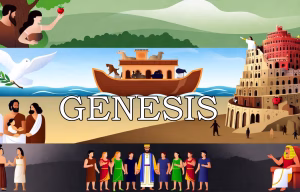 artistic interpretation of the Book of Genesis, inspired by an attached image, depicting Creation, Adam and Eve, Noah's Flood, Tower of Babel, Abraham, Joseph with his 12 sons, and Joseph as ruler next to Pharaoh.