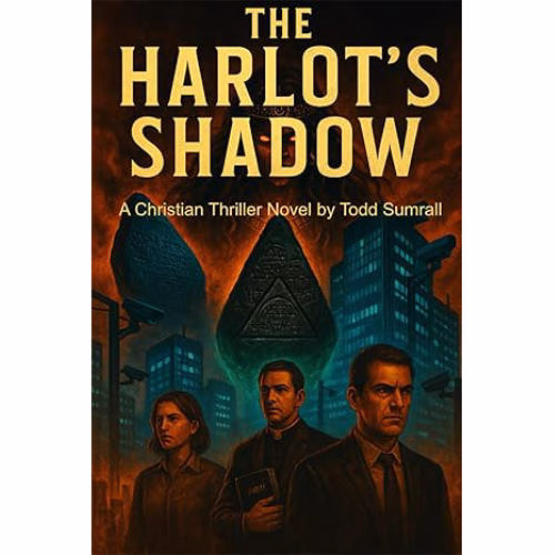 A dark, dynamic image depicting a digital city interface dominated by surveillance elements, overlaid with subtle, aged biblical prophecy script or symbols. The scene represents the high-tech 2027 setting of the Christian thriller, The Harlot’s Shadow, and its theme of spiritual warfare against a global AI system.